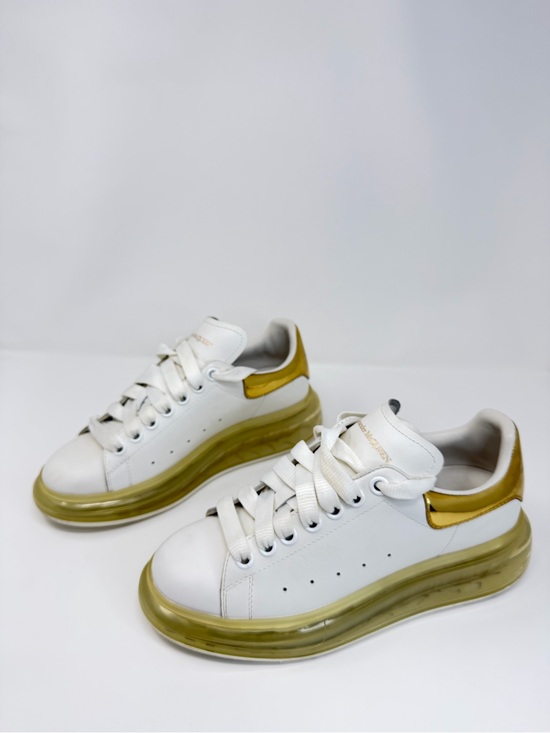 Alexander McQueen Shoes - Alexander McQueen White Sneakers with Yellow-Green Soles and Metallic Gold Heel